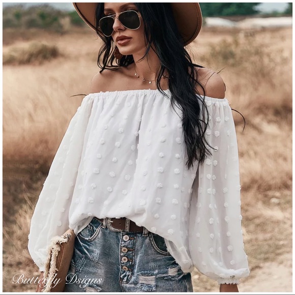 A Girl Thing Tops - Swiss Dot Chiffon Off Shoulder Blouse Long Bubble Sleeve Top